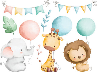 Watercolor illustration set of baby animals and balloon - obrazy, fototapety, plakaty