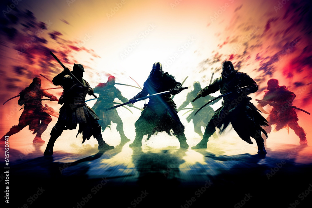 Poster battle of shadows: a captivating image featuring abstract samurai silhouettes engaged in combat, wit