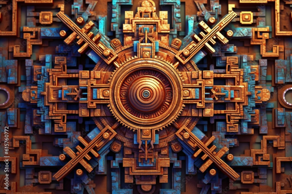 Poster an abstract representation of ancient sumerian symbols and iconography, with intricate geometric pat