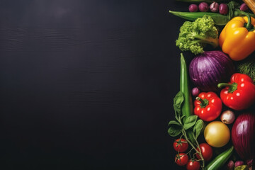 Vegetables on a dark background, top view. Background with copy space on the left. AI generative.