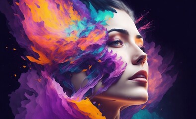 Obraz na płótnie Canvas Portrait of a woman colorful paint on her face. Generative Ai