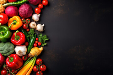 Vegetables on a dark background, top view. Background with copy space. AI generative.