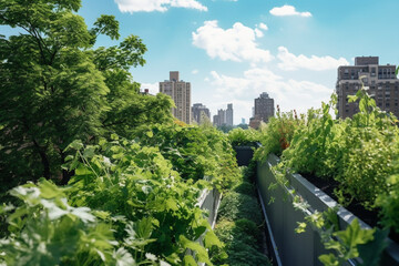 Rooftop garden filled with green vegetation, Natural climate solutions, nature background Generative AI