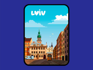 Flat style city illustration of Lviv, Ukraine. 