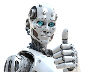 A robot, cyber giving thumbs up isolated on white and transparent background, created with Generative AI technology