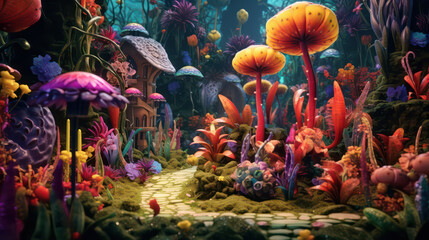 A fantasy garden: the image shows a variety of imaginary flowers with surreal shapes and colors. The flowers create a dream-like atmosphere, inviting viewers AI Generative