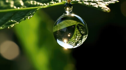 Generative ai illustration of Beautiful water drops sparkle in sun on leaf in sunlight