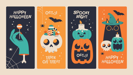 Halloween card collection. Set of vertical banners, instagram stories, invitation in flat modern style. Cute illustration with pumpkin, cat, bat, hand, bone, witch hat, skull, candy, text.