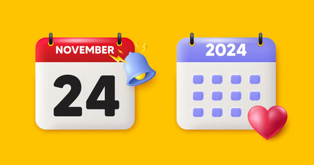 Calendar date 3d icon. 24th day of the month icon. Event schedule date. Meeting appointment time. 24th day of November month. Calendar event reminder date. Vector