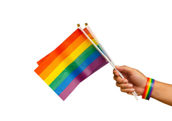 Rainbow flags and wristband in hand against a transparent background