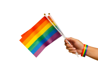 Rainbow flags and wristband in hand against a transparent background