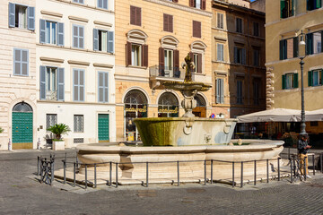 One of twin fountains on Piazza Farnese square, Rome, Italy
