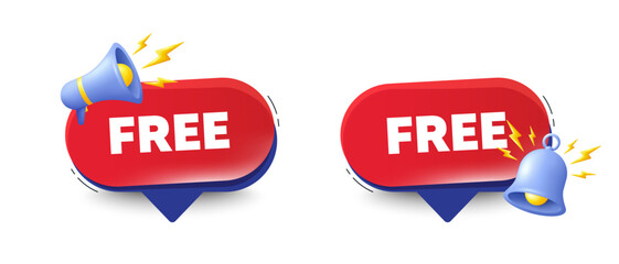 Free tag. Speech bubbles with 3d bell, megaphone. Special offer sign. Sale promotion symbol. Free chat speech message. Red offer talk box. Vector