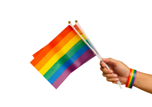 Rainbow flags and wristband in hand against a transparent background
