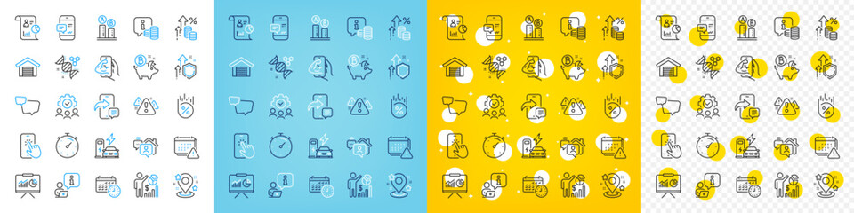 Vector icons set of Phone message, Speech bubble and Fitness line icons pack for web with Loan percent, Work home, Calendar outline icon. Presentation, Chemistry dna. Vector