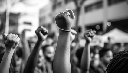 Black lives matter activist movement protesting against racism and fighting for equality Demonstrators from different cultures and race protest on street for justice and equal rights - obrazy, fototapety, plakaty