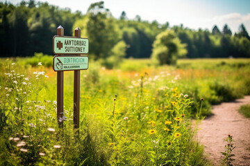 Conservation area with signs educating visitors about natural climate solutions, Natural climate solutions, nature background Generative AI