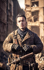 Obraz premium photo portrait of survive army people at apocalypse city, generative AI
