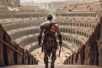 Ancient Roman Gladiator Entering the Colosseum - Back View. AI - obrazy, fototapety, plakaty