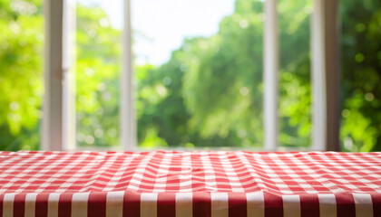 Checkered tablecloth texture top on blur of curtain with window view green from tree garden...