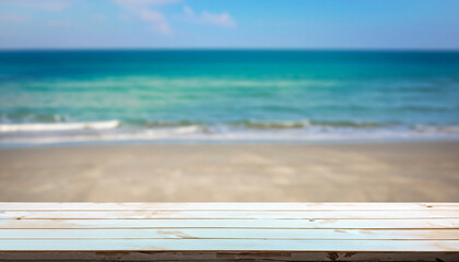 Fototapeta premium White wooden table top on blur the blue sea or beach. Summer daytime concept. For montage product display or design key visual layout. View of copy space.