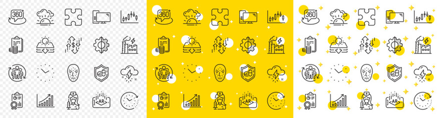 Outline Time, Face biometrics and Thunderstorm weather line icons pack for web with Dollar rate, Computer, Electricity factory line icon. Transform, Time change. Yellow design with 3d stars. Vector