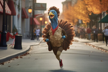 Character dressed as a turkey runs down the street with a marathon. Generative AI.  - obrazy, fototapety, plakaty
