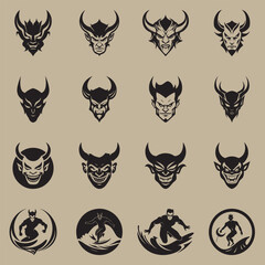 Vector Logo Set Featuring Devil's Head and Surfing Devil