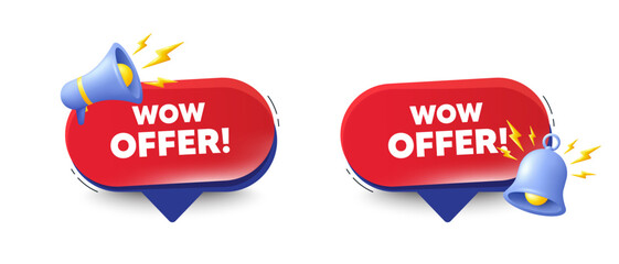 Wow offer tag. Speech bubbles with 3d bell, megaphone. Special Sale price sign. Advertising Discounts symbol. Wow offer chat speech message. Red offer talk box. Vector