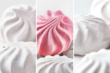 Collage of pink and white airy marshmallow dessert zefir. Healthy sweet food concept