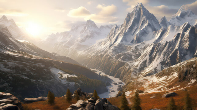 Intricate details of majestic mountains. Rugged peaks, deep valleys, and winding trails. Texture and lighting create drama. Patterns of snow, ice, and rock AI Generative