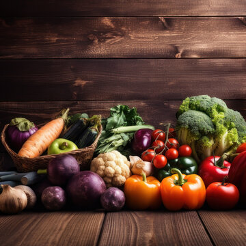 Background with copy space. Vegetables on the background of a wooden wall. AI generative.
