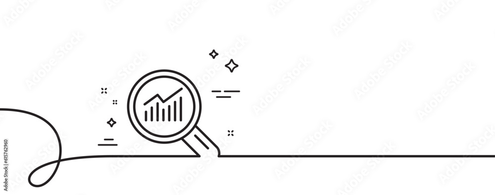 Poster chart line icon. continuous one line with curl. report graph or sales growth sign in magnifying glas