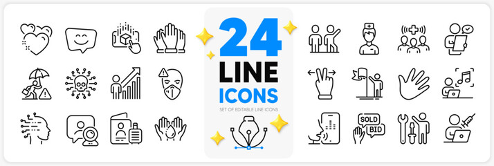 Icons set of Vaccination appointment, Employee result and Voicemail line icons pack for app with Leadership, Bid offer, Teamwork thin outline icon. Cyber attack, Touchscreen gesture. Vector