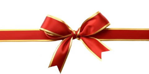 red ribbon  and bow with gold isolated against transparent background