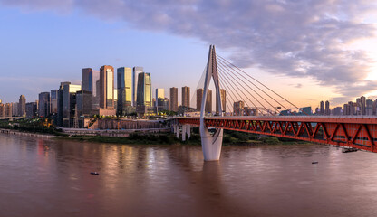Fototapeta na wymiar Panoramic view of city skyline and modern buildings in Chongqing at sunrise, China.