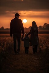 Fototapeta na wymiar A man and a woman are holding a child's hand in sunset background, Generative AI 