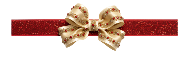 red ribbon  and bow with gold isolated against transparent background