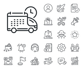 Logistics calendar sign. Salaryman, gender equality and alert bell outline icons. Delivery schedule line icon. Cargo reminder symbol. Delivery line sign. Spy or profile placeholder icon. Vector