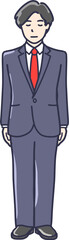 目を閉じて立つスーツ姿の男性のイラスト全身