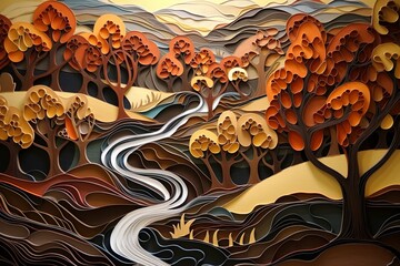 Illustration of abstract fantasy fairy-tale landscape with river, trees and hills
