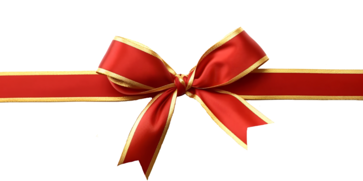 red ribbon  and bow with gold isolated against transparent background