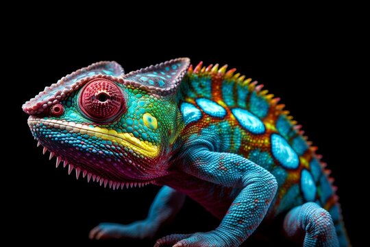 Beautiful multicolored chameleon on black background