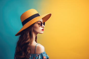Attractive young woman in sunglasses and hat standing over yellow and blue background. Generative AI