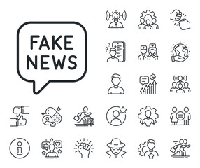 Fototapeta premium Propaganda conspiracy chat sign. Specialist, doctor and job competition outline icons. Fake news line icon. Wrong truth symbol. Fake news line sign. Avatar placeholder, spy headshot icon. Vector
