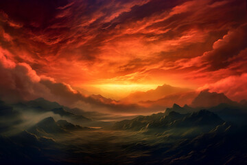 Abstract landscape with mountains and very dramatic cloudy sunset or sunrise sky