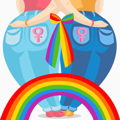 Two white skin lesbian women in jeans holding each other, connected with colourful bow and rainbow - vector illustration. LGBT pride Gay and Lesbian concept