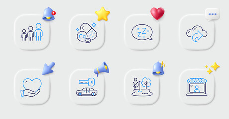Business hierarchy, Fishing place and Cloud share line icons. Buttons with 3d bell, chat speech, cursor. Pack of Calcium mineral, Volunteer, Car key icon. Market seller, Sleep pictogram. Vector