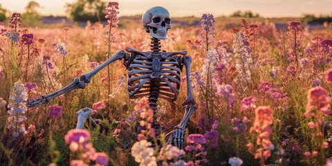Skeleton surrounded by flowers beautiful landscape of spring field, concept of Transience, created with Generative AI technology