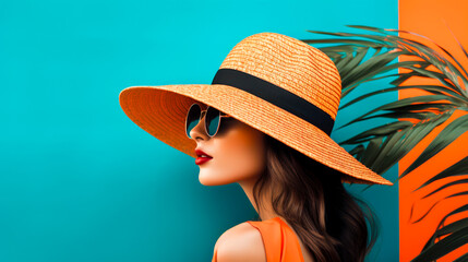 Attractive lovely young woman in sunglasses and hat standing over orange and blue wall. Generative AI